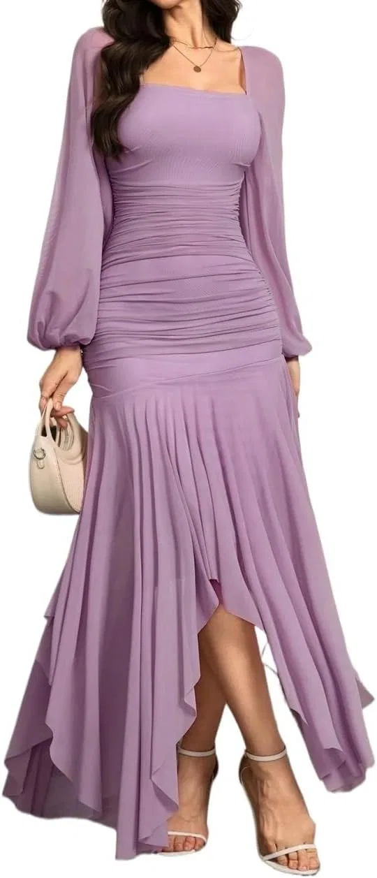 Женское платье макси из сетки Asymmetric Neck, Lilac Purple