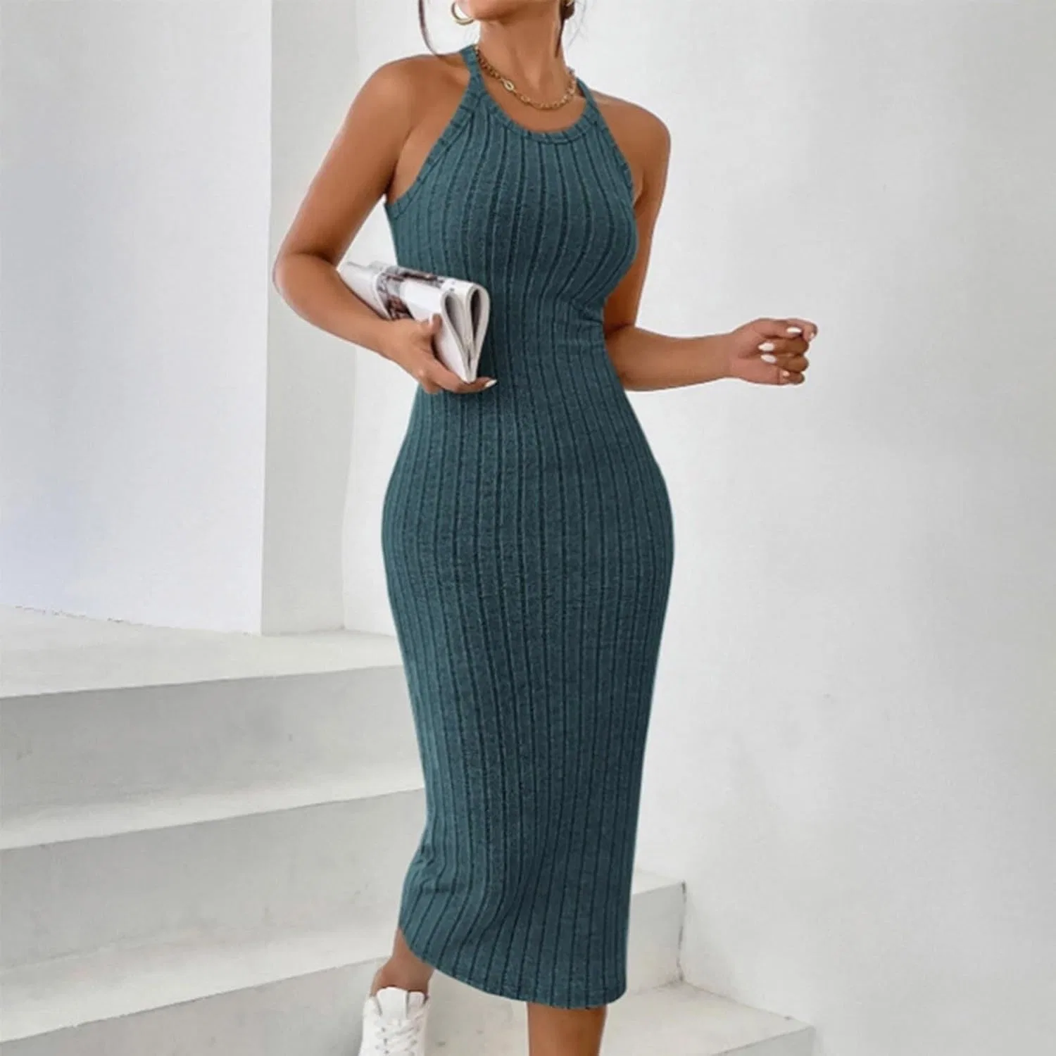 Женское облегающее мини-платье с ребристой тканью Halter Neck, Dark Blue — фото 2