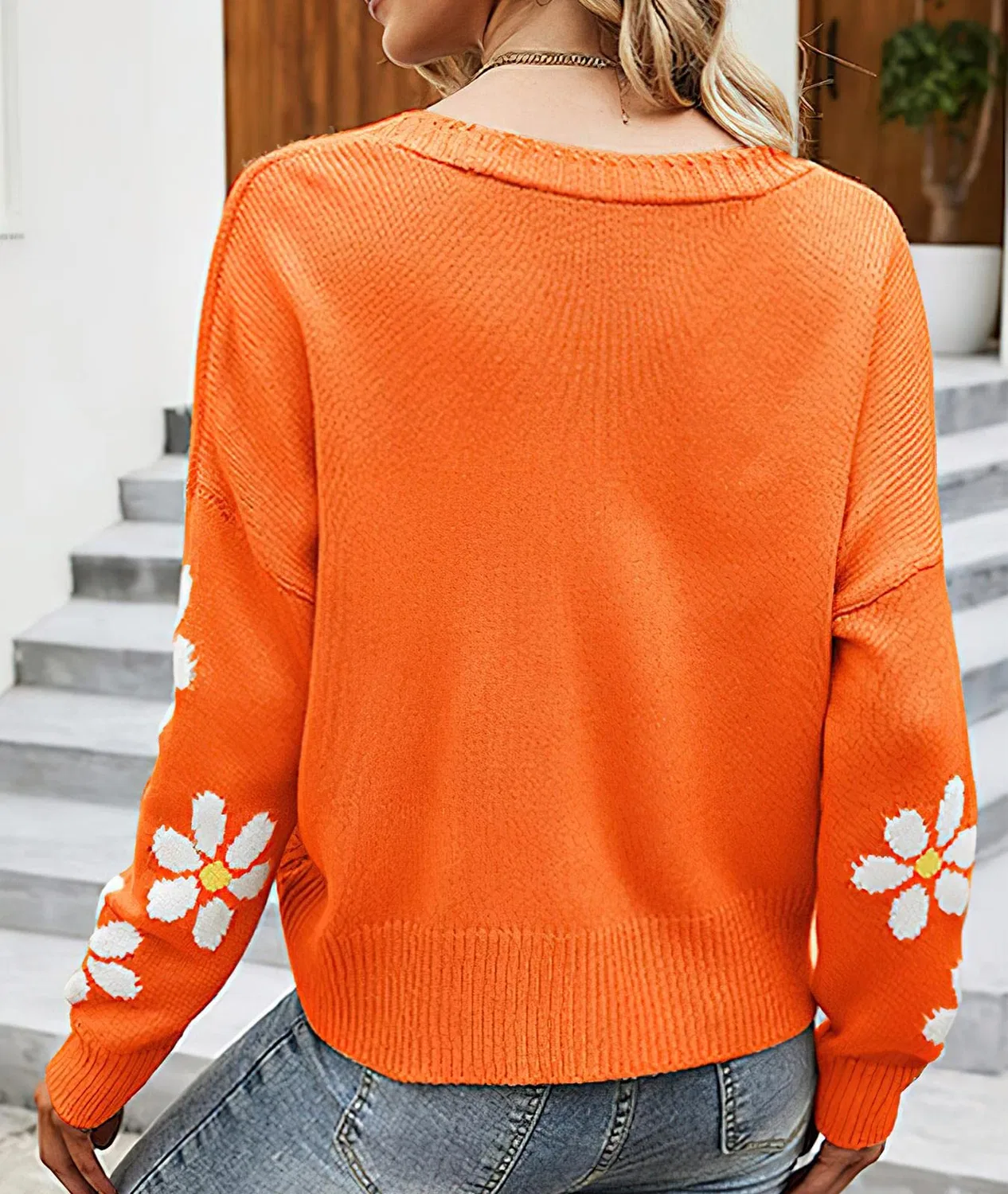 Женское вязаное пальто-кардиган с принтом Daisy Cute Cute Smiling Graphic, 02 Arancione — фото 3