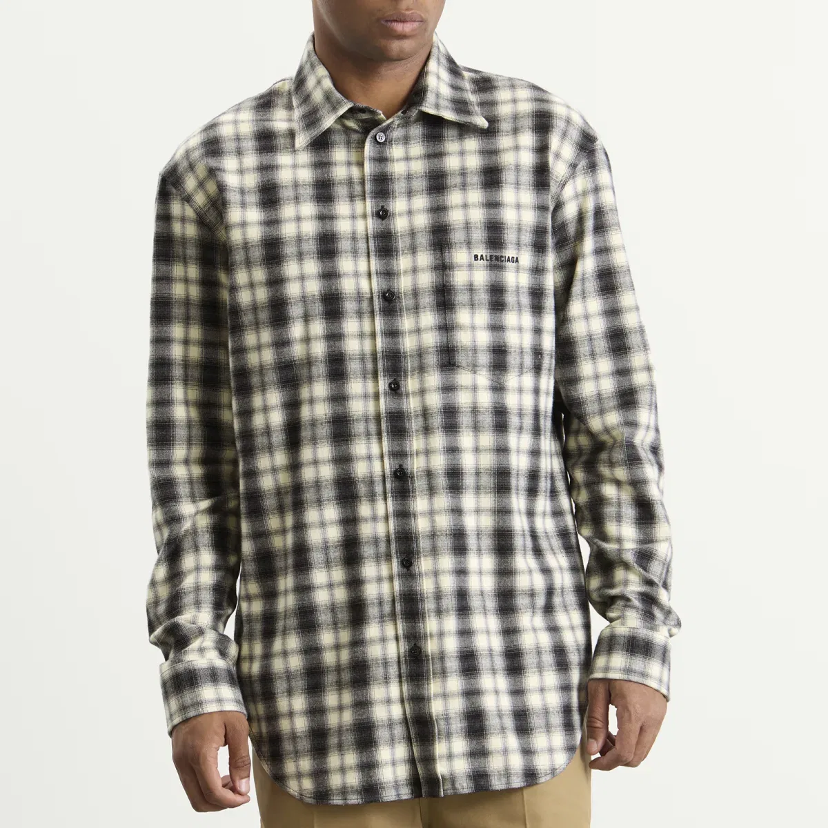 Мужская рубашка в клетку с длинным рукавом Regular Fit Check Flannel Shirt Balenciaga, White Black — фото 2