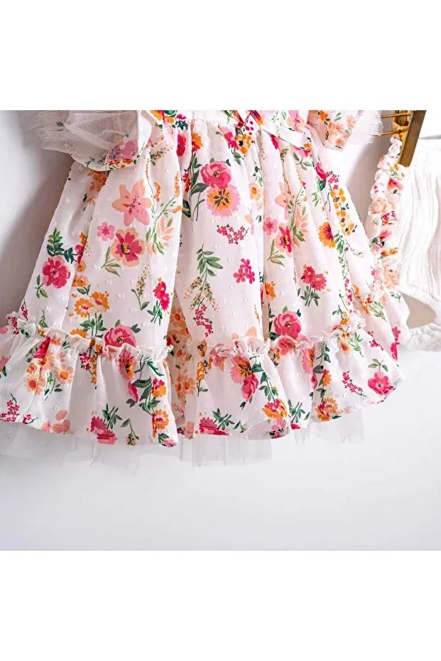 Детское платье для девочек с цветочным принтом Joyce floral patterned panty dress Ministok, White — фото 4