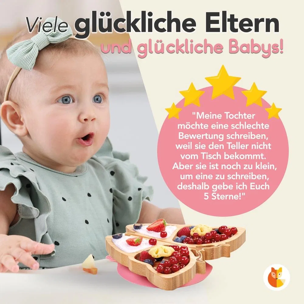 Детский тарелка из бамбука с присоской и ложкой Schmetterlingsteller Rosa DS Produkte, розовый — фото 4