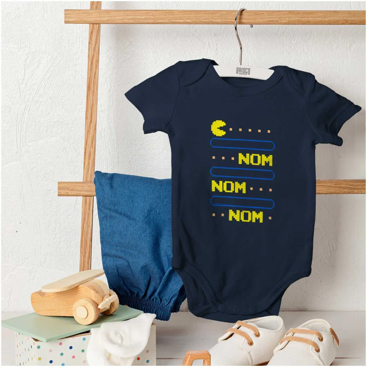 Детское боди с коротким рукавом с принтом PACMAN Nom Nom Hungry Foodie Gamer Brisco Brands, Navy — фото 4