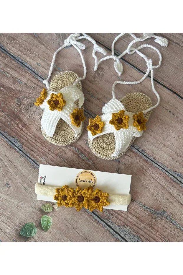 Детские сандалии для девочек с принтом Knitted white floral summer cross strap baby girl sandals booties and headband set Seraskids, White