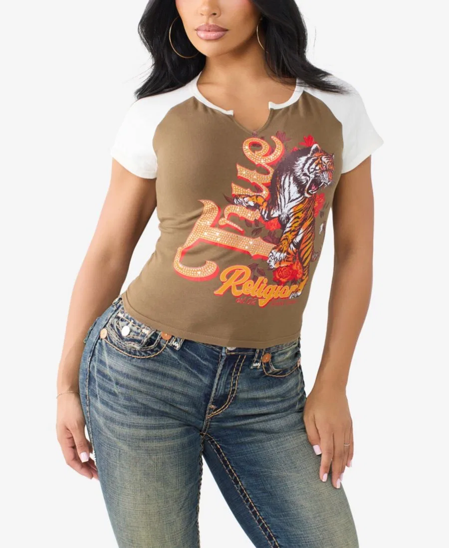 Футболка с контрастными рукавами реглан и вырезом каре, модель Contrast Raglan Notch True Religion, Shitake Tan