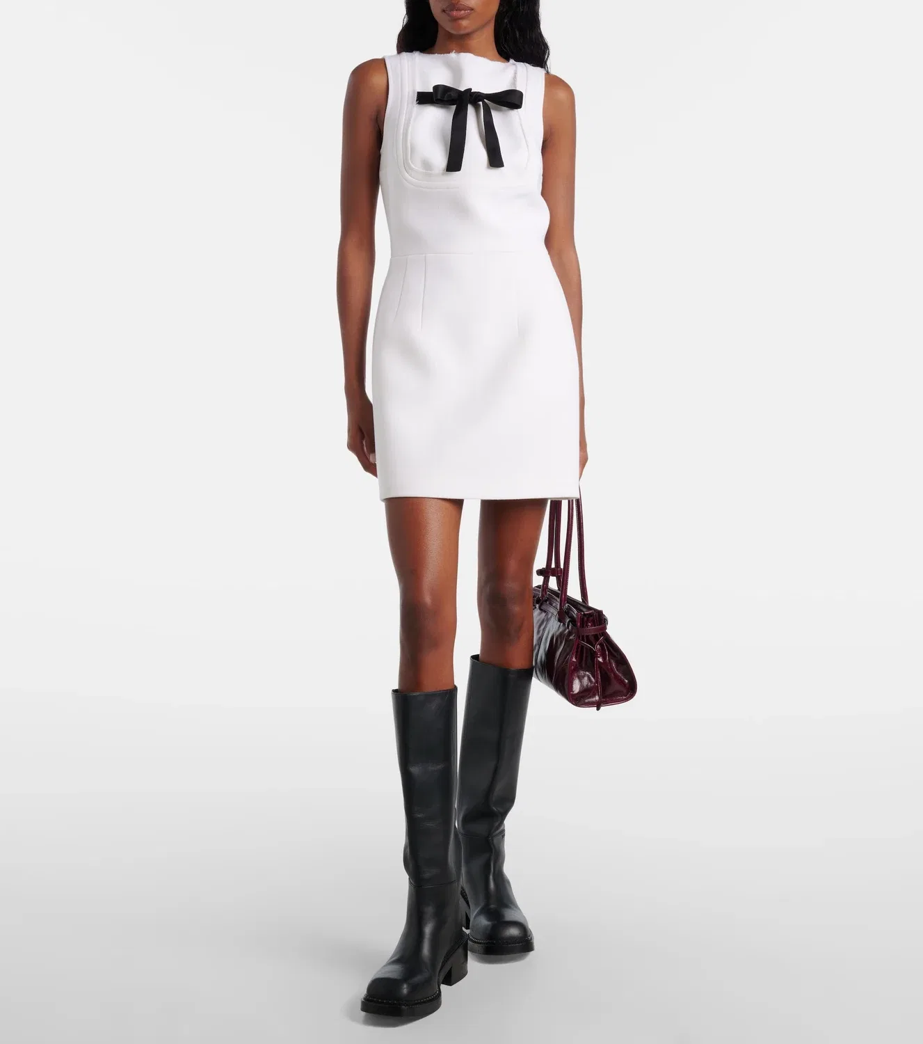 Платье мини с бантом из девственной шерсти Prada, белый — фото 2