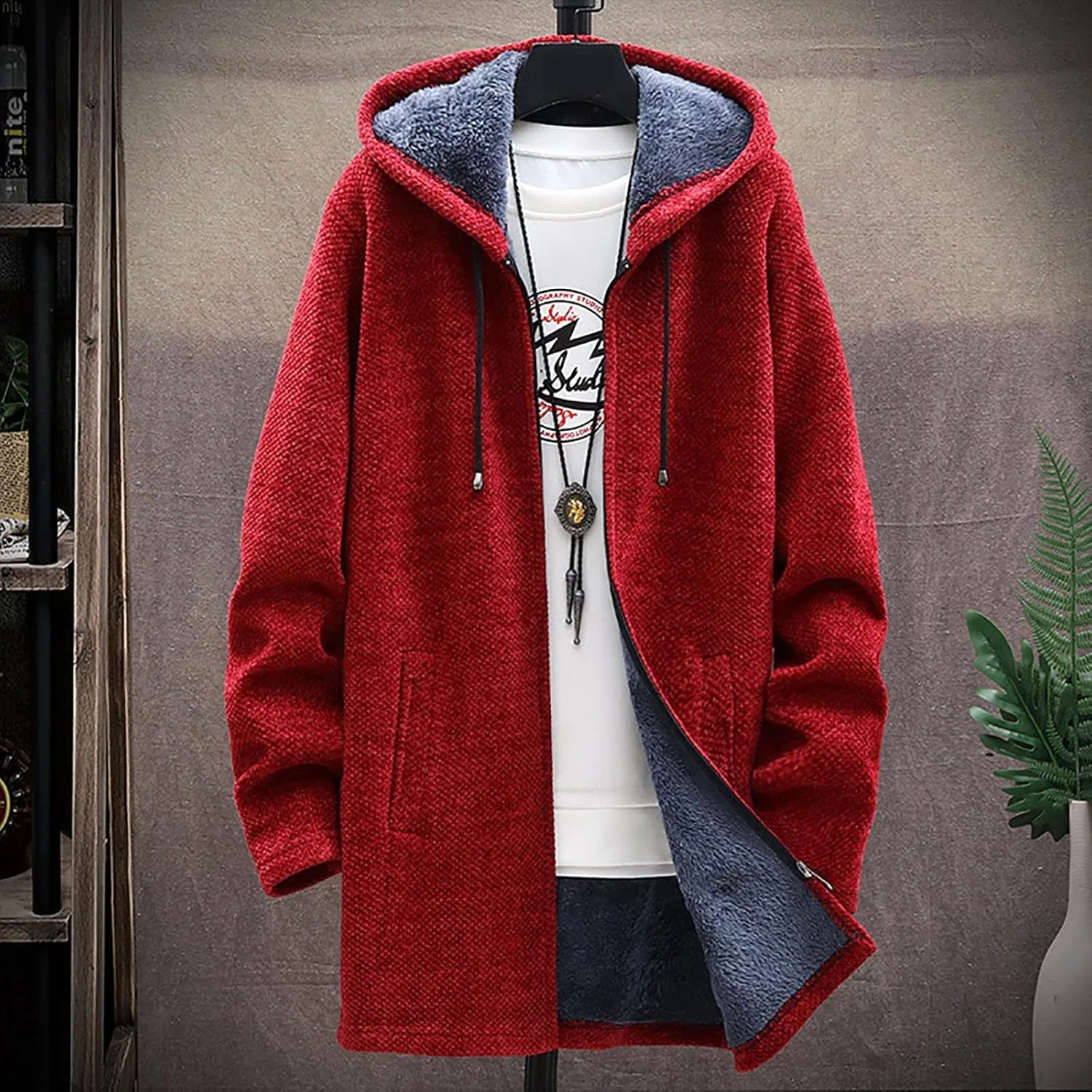 Мужские флисовые куртки на молнии, модные худи средней длины с длинным рукавом, легкие повседневные куртки из искусственного меха, одежда для активного отдыха Generic, красный — фото 2