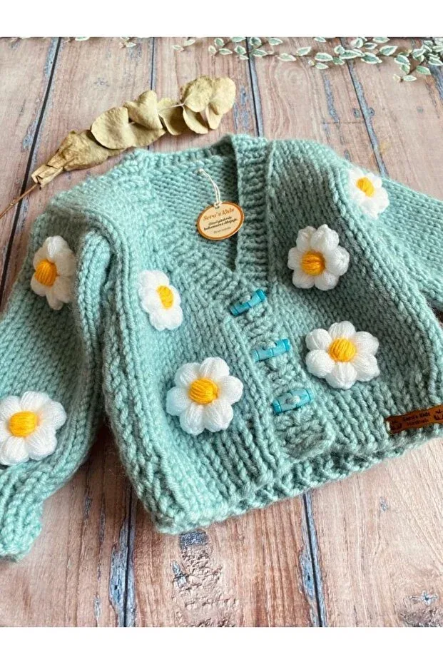 Детский кардиган для девочек с принтом Hand Knitted Turquoise Color Daisy Crop Seraskids, Turquoise — фото 4