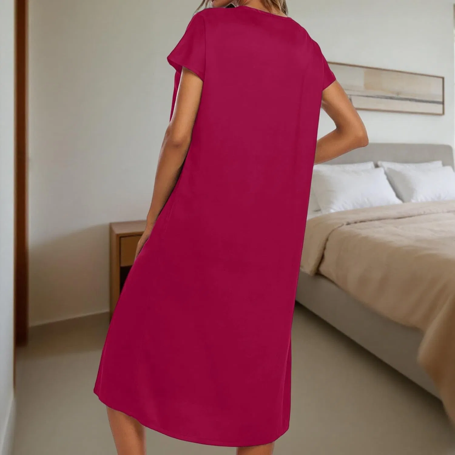 Женское сатиновое платье миди повседневное с коротким рукавом, Hot Pink — фото 3
