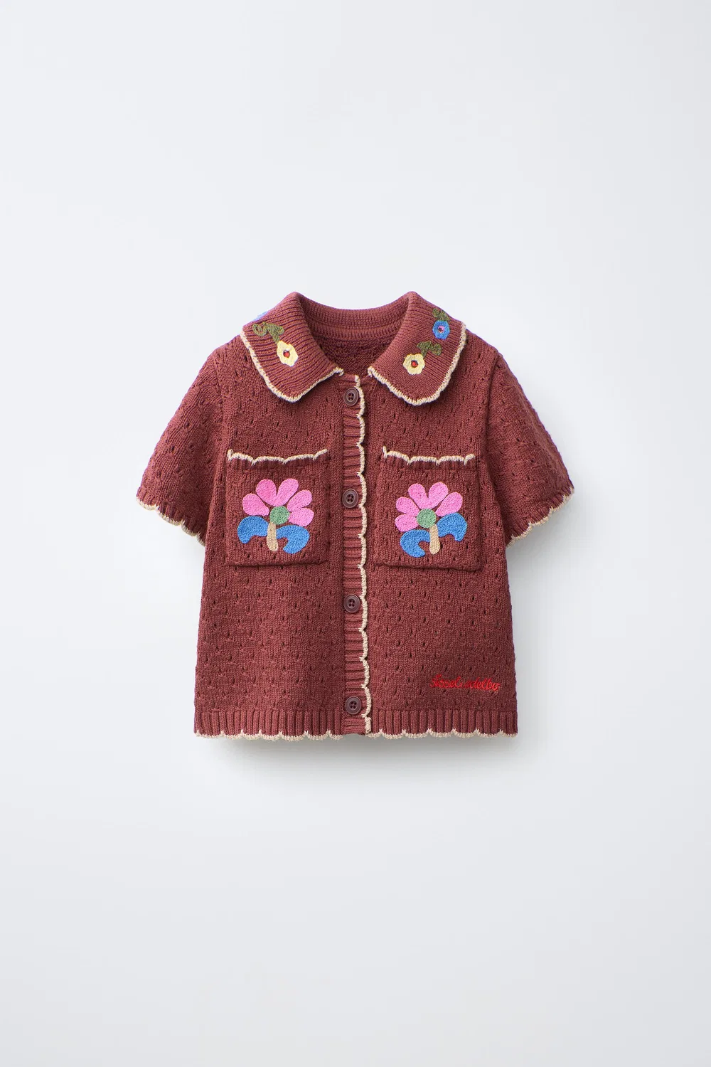 Вязаная рубашка-поло с вышитыми цветами SISSEL EDELBO X ZARA KIDS, Brown