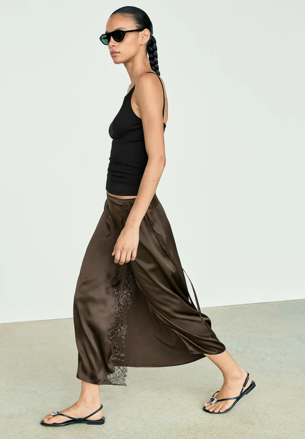 Парео-Юбка из 100% шелка с кружевной отделкой - юбка-обертка Massimo Dutti, Dark Brown — фото 4