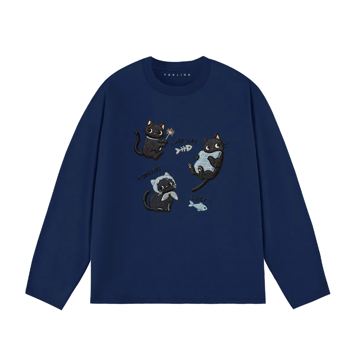 Детская футболка с длинным рукавом хлопковая Tonlion, Цвет 100% Cotton Navy (Tn Good Night Cat)
