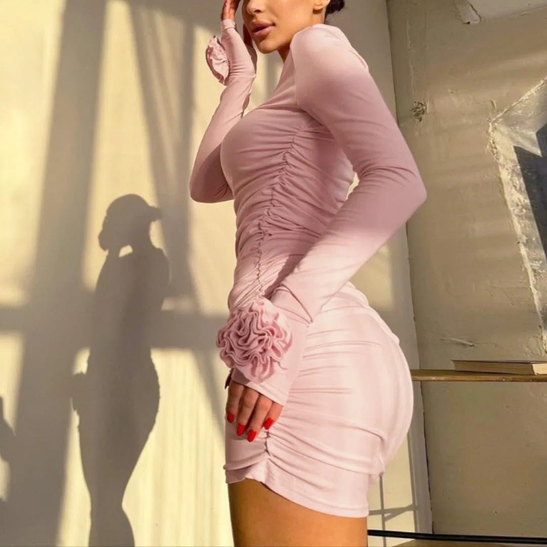 Женское облегающее мини-платье с 3D цветами на рукавах Generic, Pink — фото 2