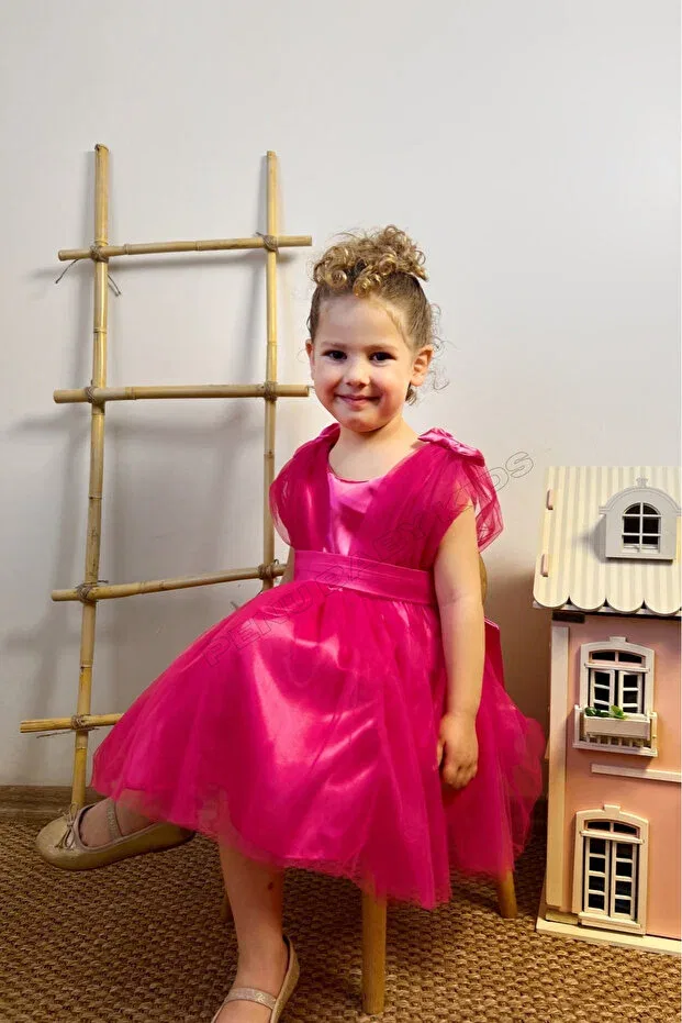 Детское платье для девочек с принтом Fuchsia top satin back big bow small bow detail tulle girl baby girl dress Penu Baby Kids, Fuchsia