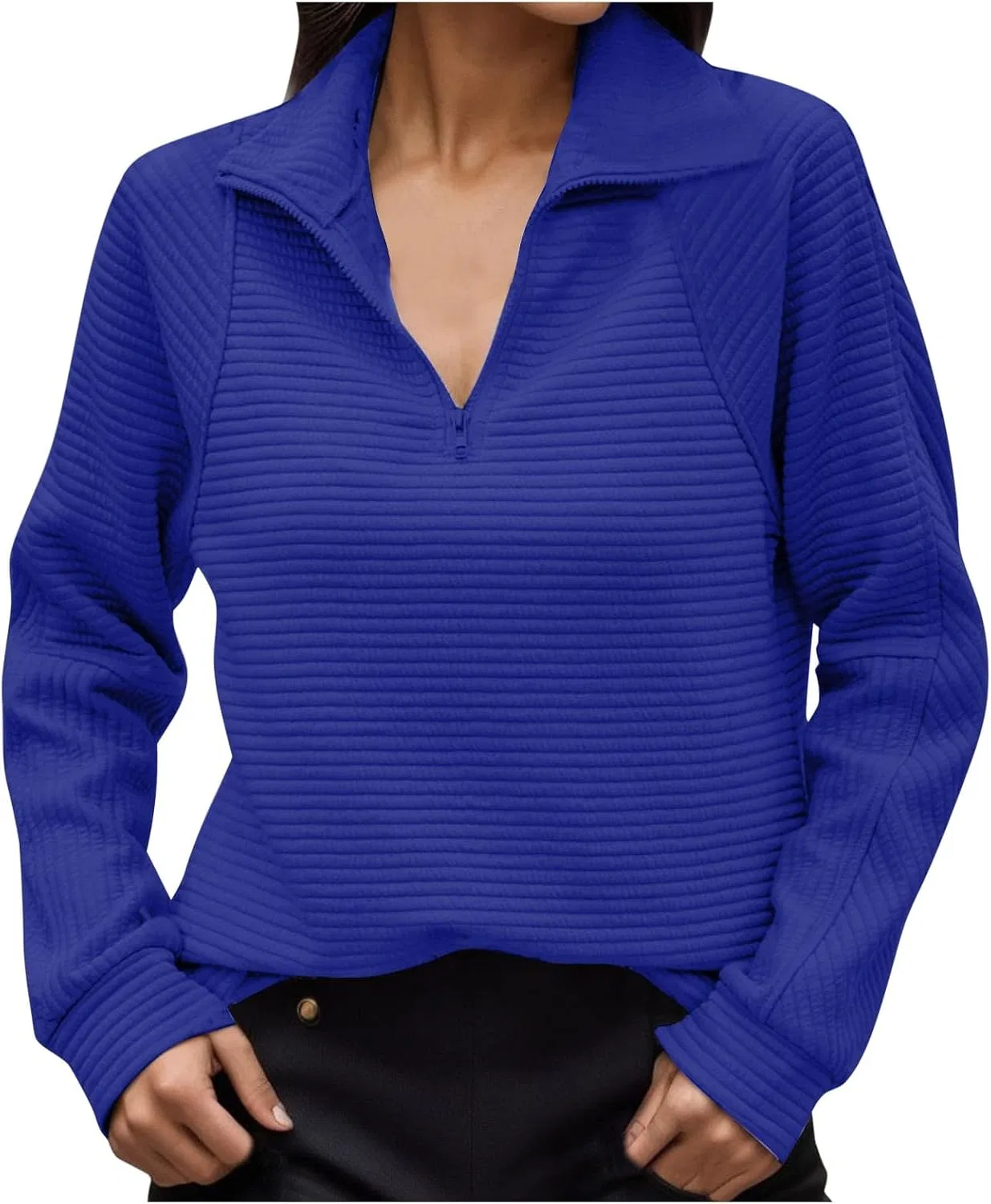 Женский пуловер с длинным рукавом, Quarter Zip, синий