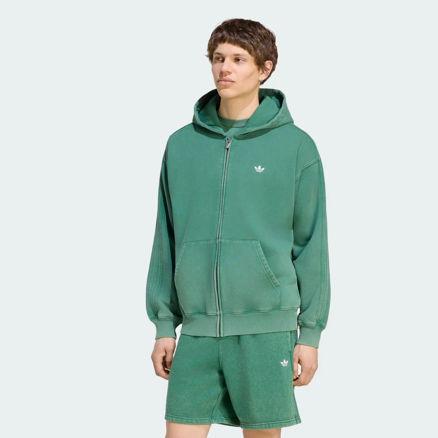 Мужское худи на молнии с капюшоном свободного кроя Trefoil Essentials Washed Adidas Originals, темно-зеленый