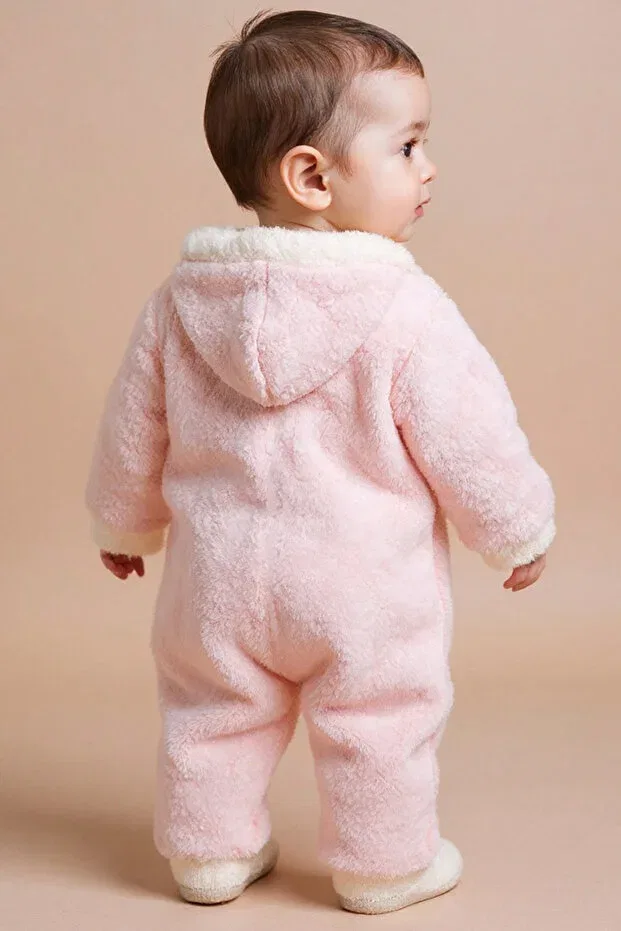 Детский комбинезон для новорожденных из плюша с капюшоном Wellsoft hooded zippered winter baby romper Generic Brands, Pink — фото 2