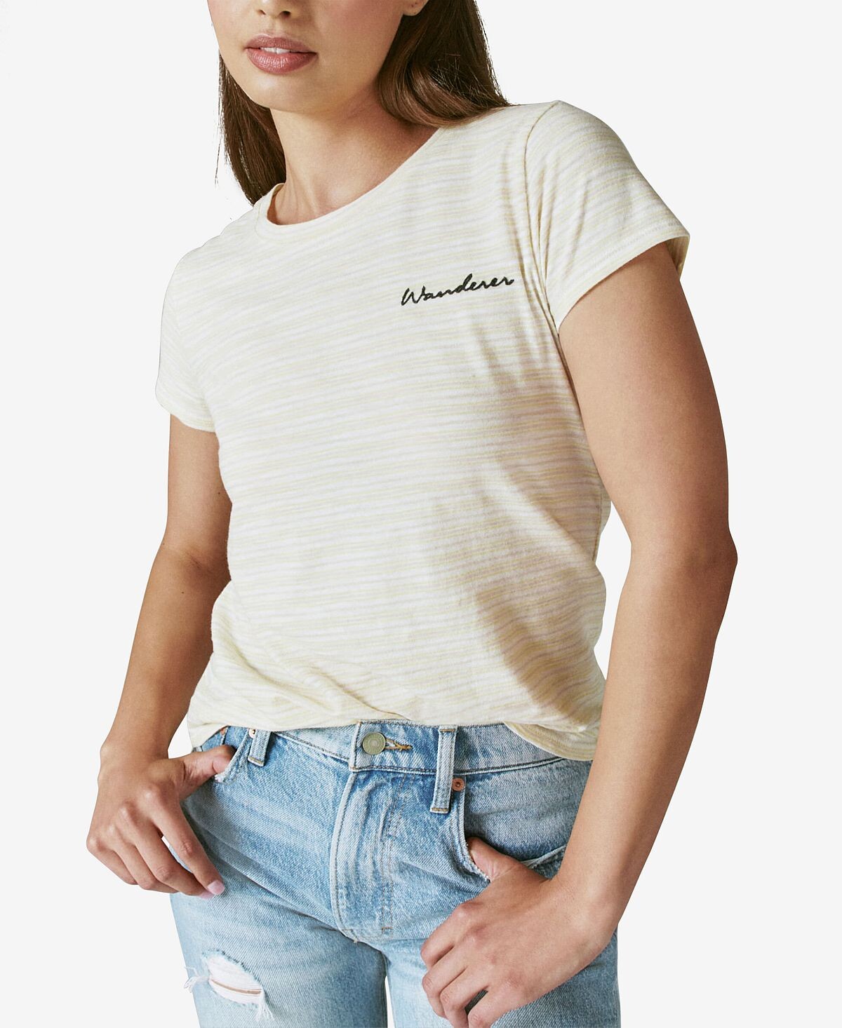 

Полосатая хлопковая футболка с вышивкой Lucky Brand, мульти