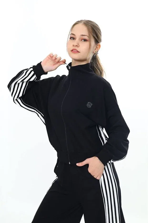 Детский спортивный комплект для девочек с принтом Oversize 100% Cotton Tracksuit Set Dalikda, Black — фото 4
