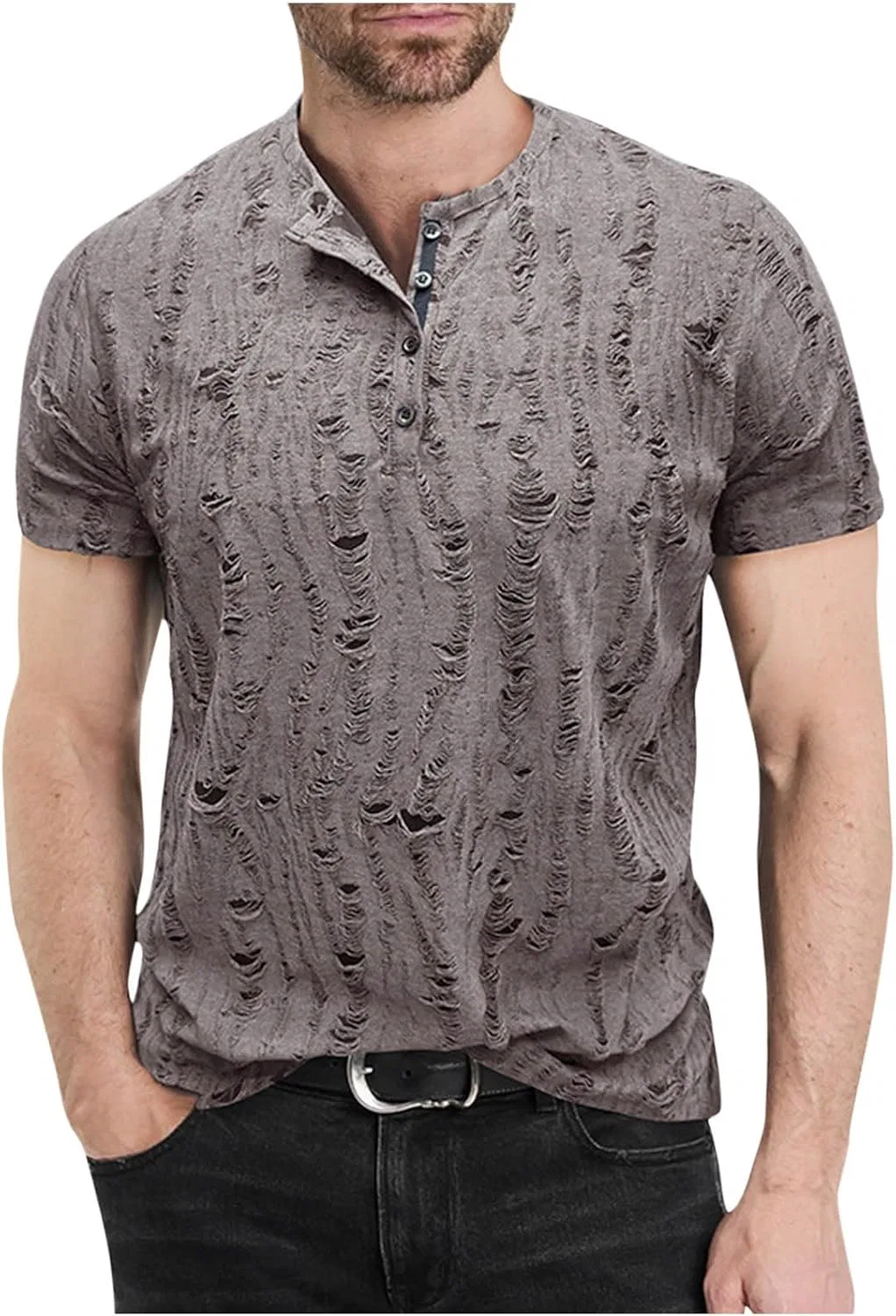 Мужская футболка с рваными отверстиями Henley, Coffee