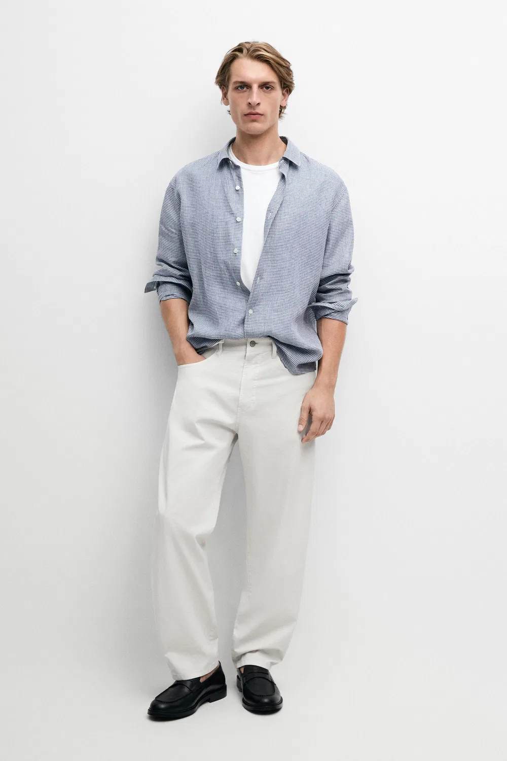 Брюки Massimo Dutti Barrel Fit Poplin Denim-Effect,  серо-бежевый — фото 3