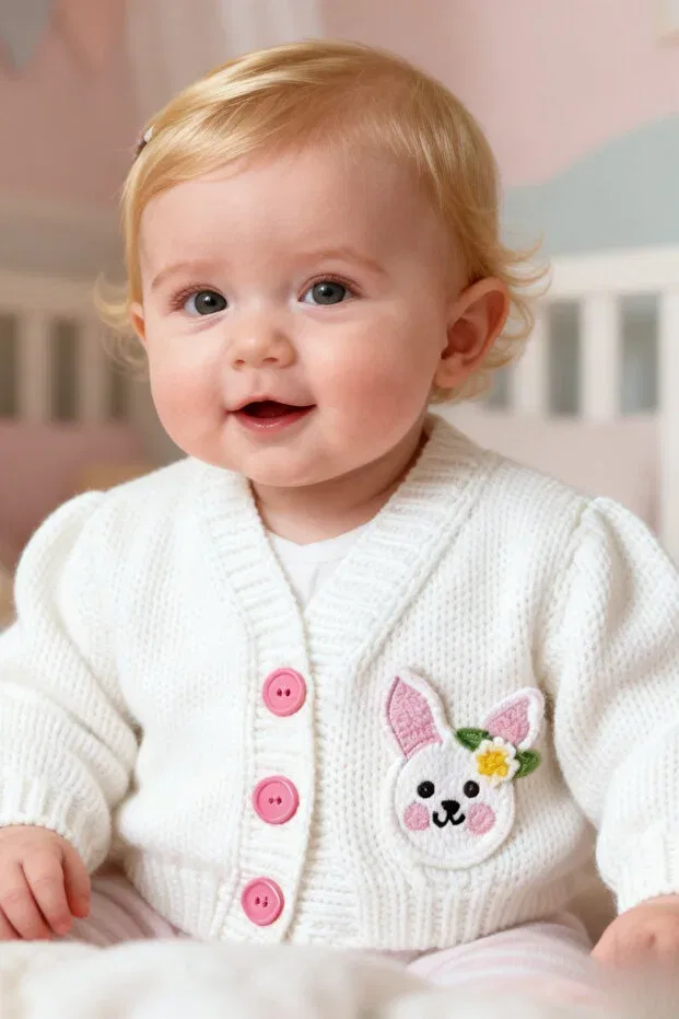 Детский кардиган для девочек вязаный с аппликацией Hand knitted baby cardigan with amigurumi rabbit for newborn baby girl Lunivellart, White — фото 4