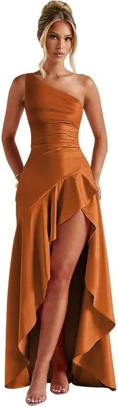 Женское атласное платье-майка с одним плечом и разрезом, Burnt Orange