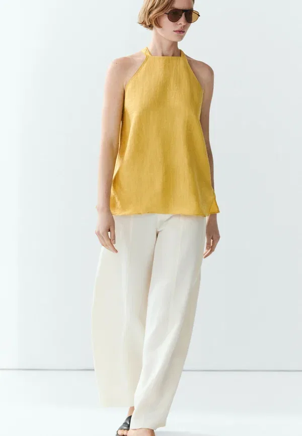 Блуза из льна с полиамидом Blouse Massimo Dutti, Neon Yellow, желтый — фото 4