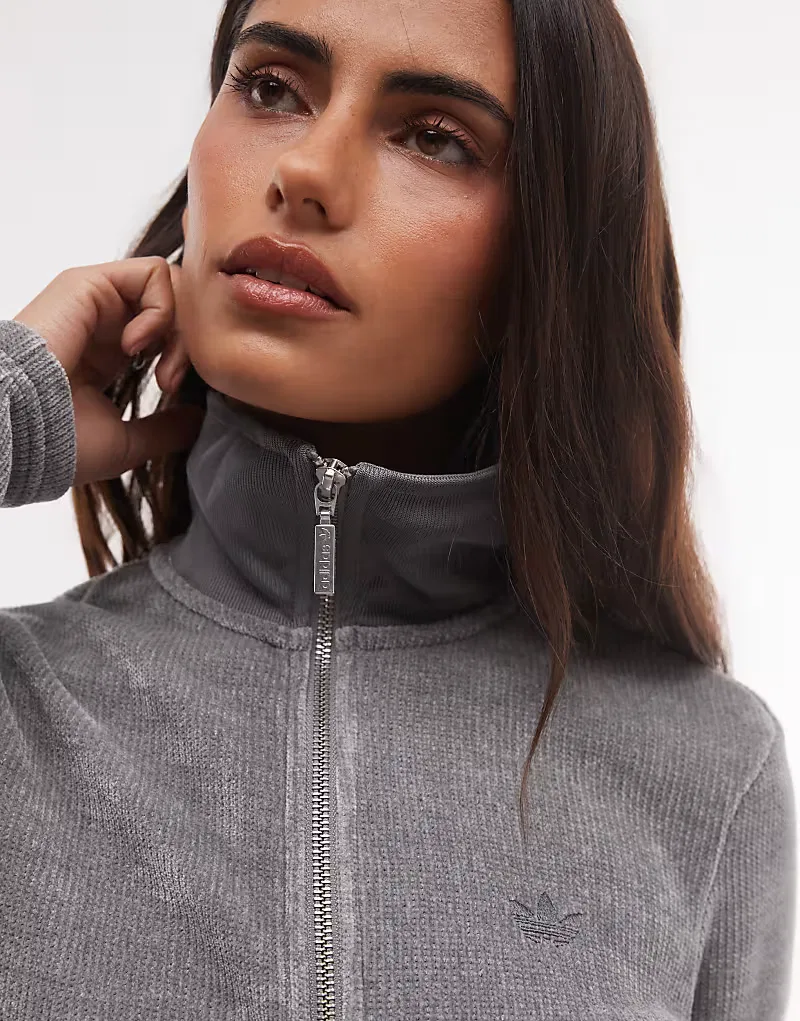 Кардиган Adidas Originals из синели на молнии, серый — фото 3