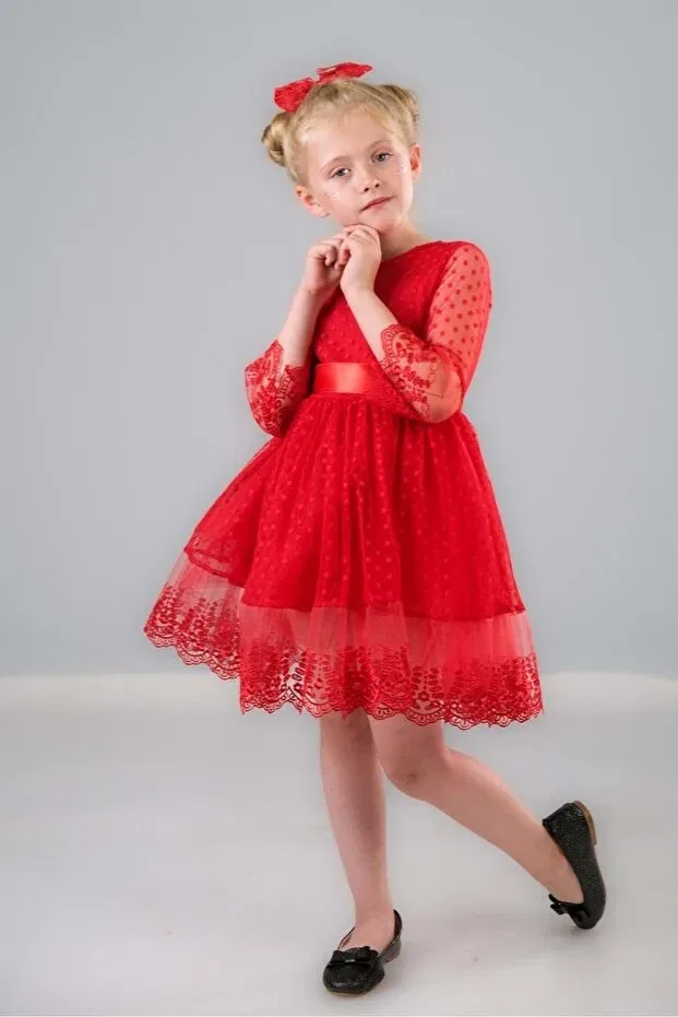 Детское платье для девочек с кружевом Dream Luxury Lace Mnk, Red — фото 3