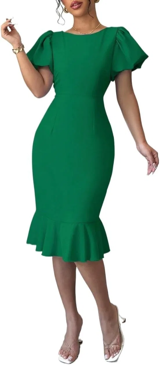 Женское миди-платье с воланами Bodycon, Green
