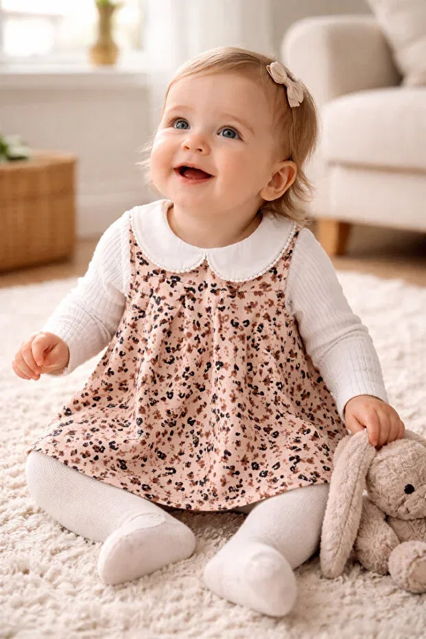 Детское платье для девочек с принтом Soft Leopard Printed Piece Gilet Dress & Peter Pan Collar Corded Fabric Bodysuit Combination Uğur Bebe, Leopard — фото 2
