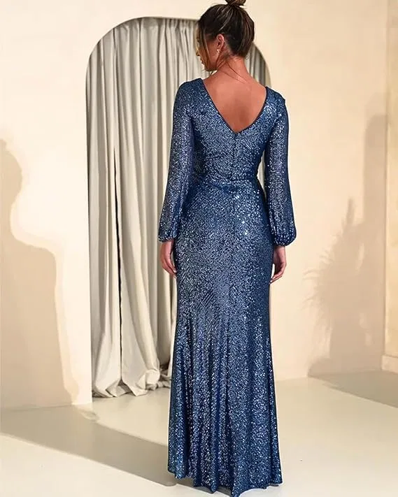 Женское платье с пайетками A-line V-образным вырезом с разрезом, Navy Blue — фото 3