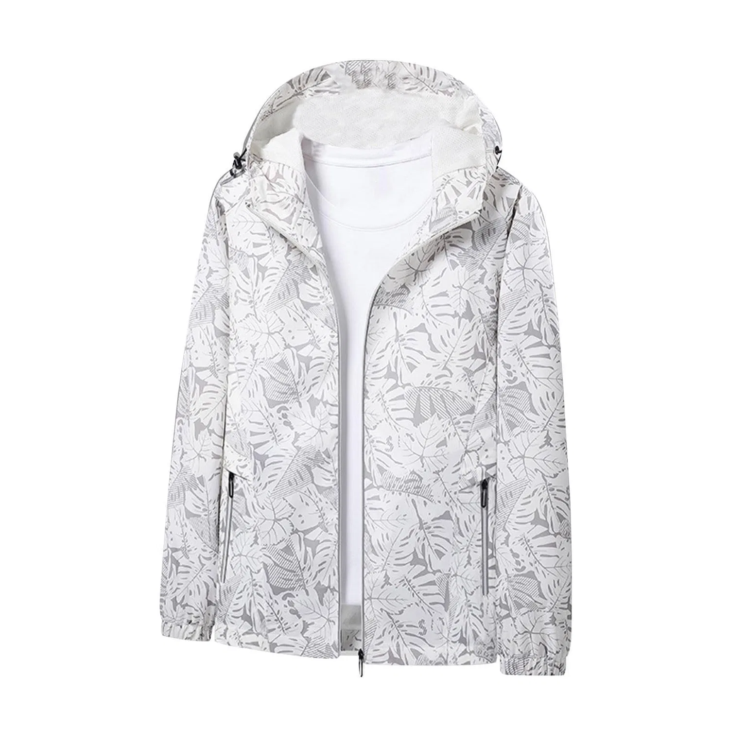 Женская ветровка с принтом, модель Giacche impermeabili da donna giacca softshell da esterno con stampa floreale da donna giacche impermeabili leggere con cappuccio coulisse ripiegabile sottile giacca a vento impermeabile leggero, bianco