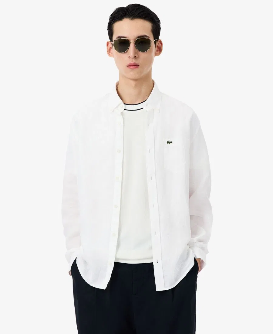 Рубашка мужская Lacoste льняная с длинными рукавами, прямой крой, белый