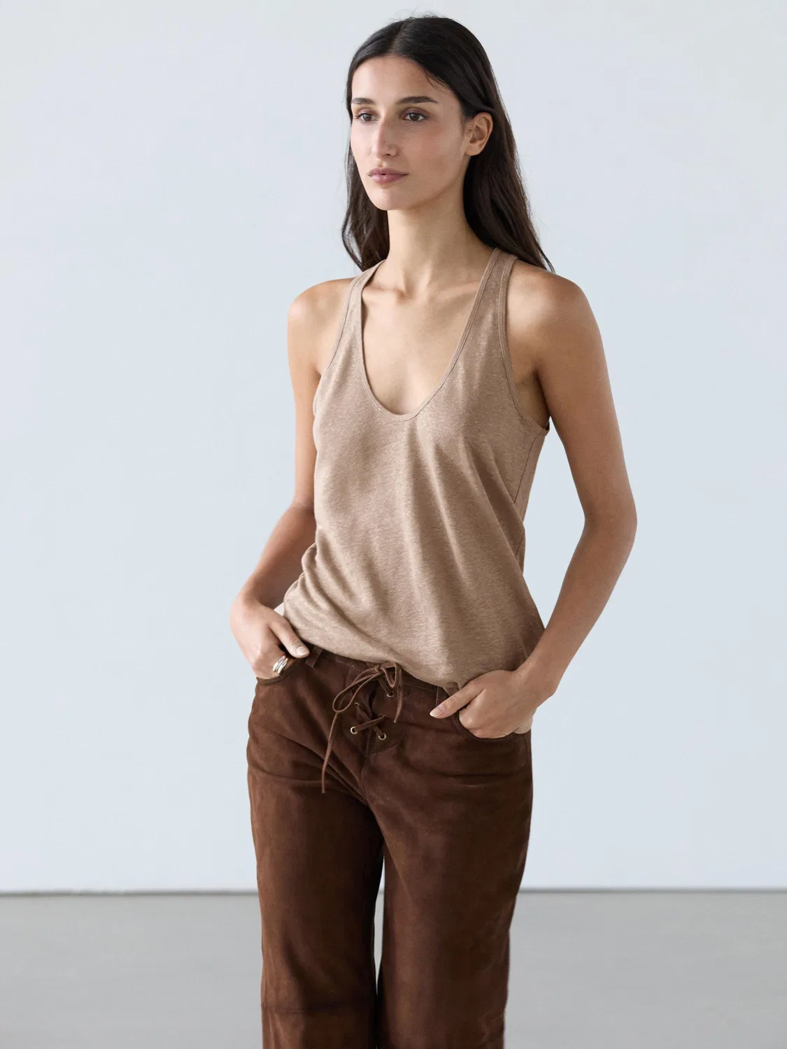Топ на бретельках из 100% льна Massimo Dutti, Stone — фото 2