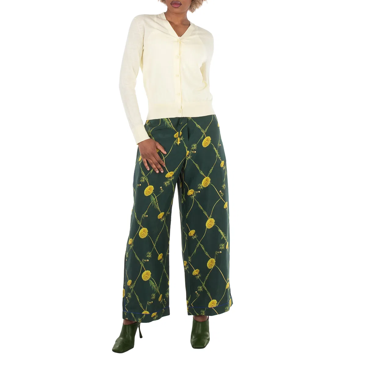 Брюки клеш из шелка с цветочным принтом Dandelion Floral-Print Flared Trousers Burberry, Ivy — фото 2