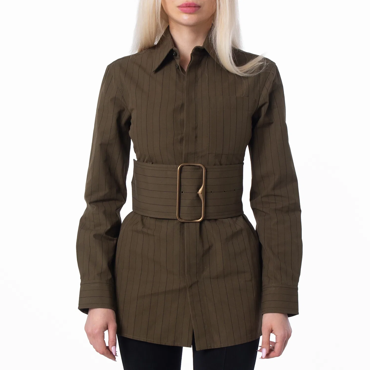 Женская рубашка с полосками и поясом Pinstriped Cotton-Poplin Belted Shirt Burberry, Juniper/Raven