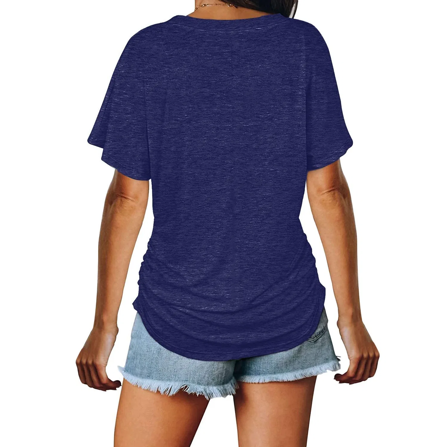 Женская футболка с v-образным вырезом с коротким рукавом Womens Short Sleeve V-Neck Solid Color Soft Loose Fit T-Shirt Ladies Temperament, Navy — фото 3