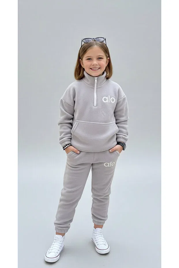 Детский спортивный комплект для девочек из флиса Oversized children's fleece tracksuit set Calisa, Gray — фото 3