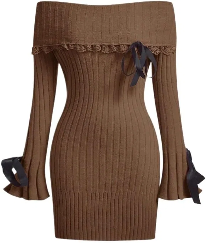 Женское короткое платье-свитер офф-шолдер Slimming Fit EsEiCo, Brown