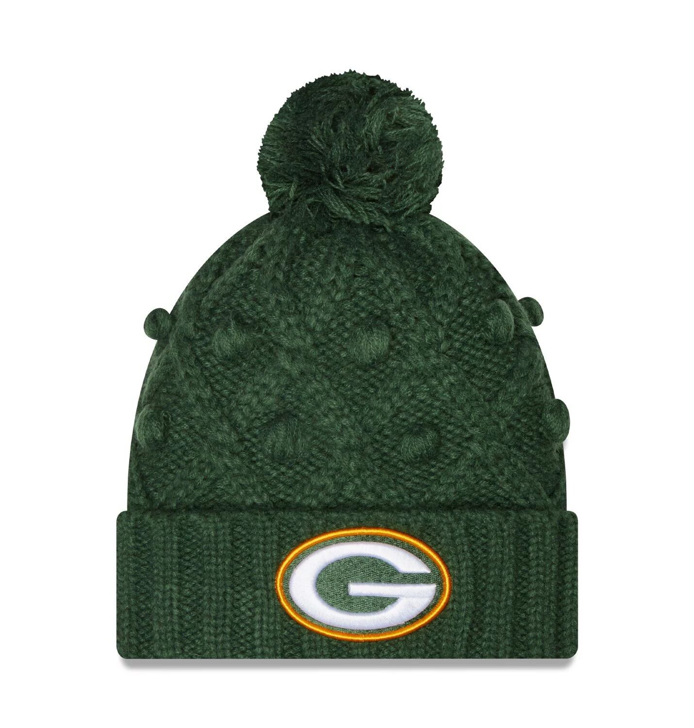 

Женская вязаная шапка New Era Green Green Bay Packers с манжетами и помпоном New Era