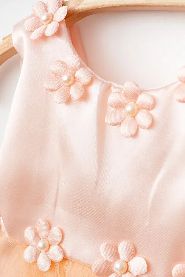 Детское платье для девочек тюлевое с принтом Ponpon baby girl newborn tulle floral mevlüt dress special occasion outfit 4 pieces Harry&Millie, Powder — фото 3