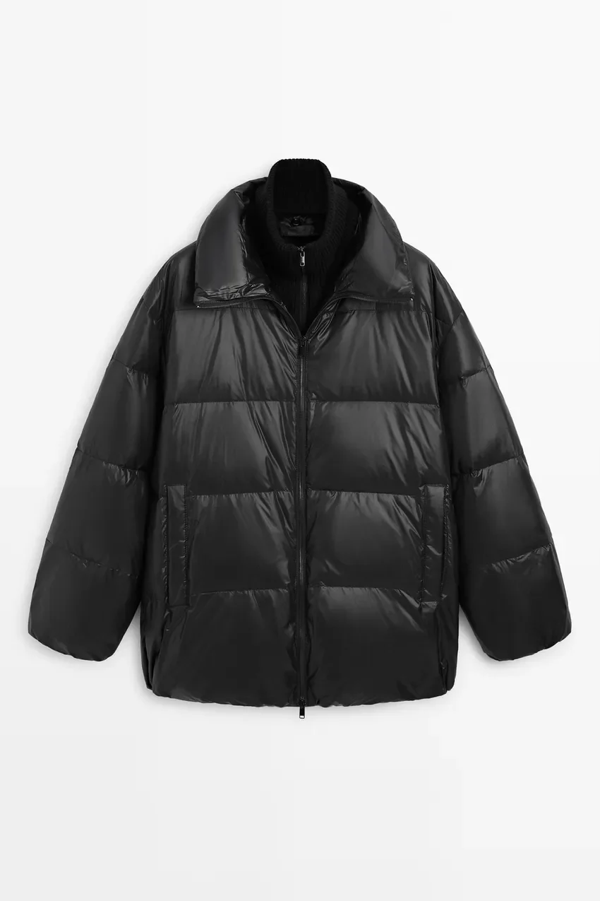 Пуховик Massimo Dutti Suede Puffer Jacket Down Jacket, High Neck, черный