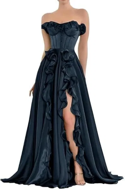 Женское вечернее платье с рюшами, корсетом и разрезом, Navy Blue