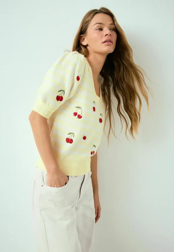 Футболка с принтом Regular Fit Puff Sleeve, Next, Yellow Stripe Cherry Embroidery — фото 3