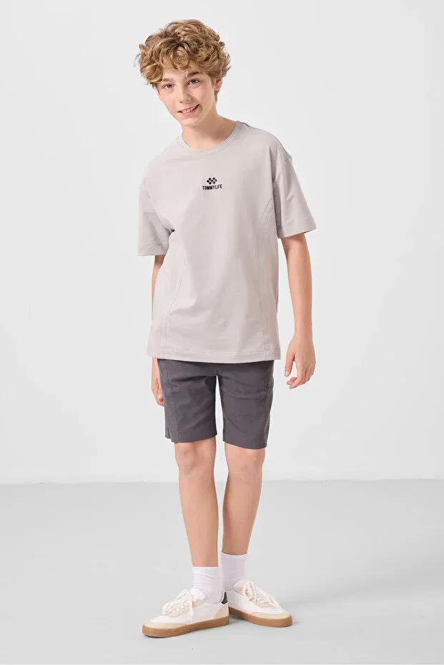 Детский для мальчиков костюм хлопковый Stone-Anthracite cotton oversize fit woven lightweight flexible chino boy shorts suit Tommy Life, Stone/Anthracite