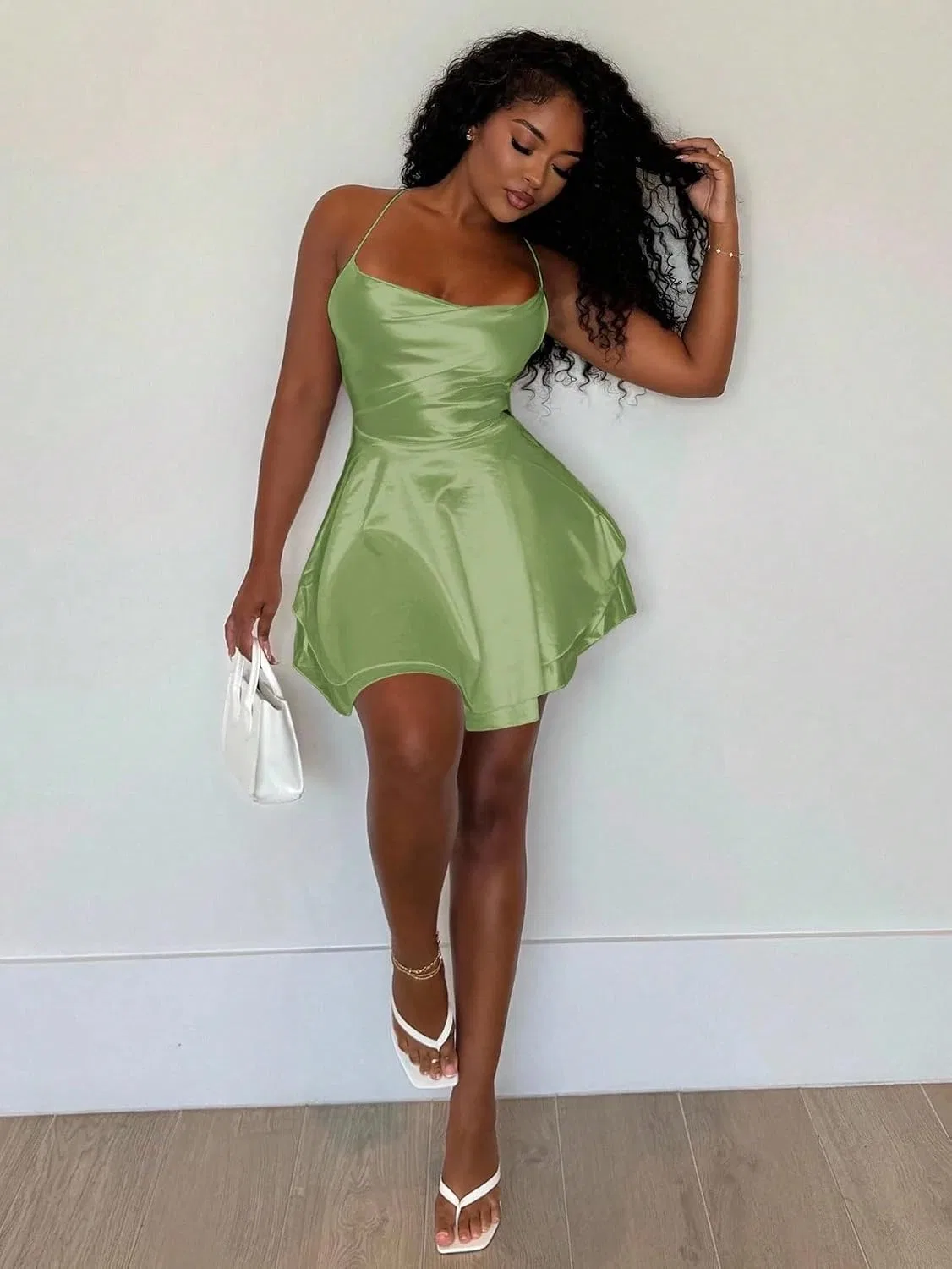 Женское короткое cami платье с открытой спиной на бретелях, Green — фото 4