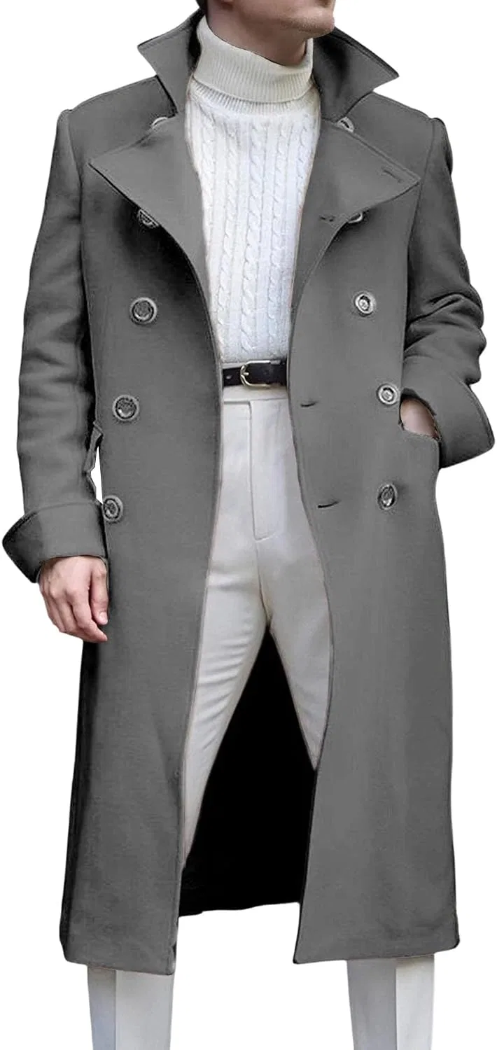 Мужское двубортное пальто-тренч с лацканами, Slim Fit, тёмно-серый