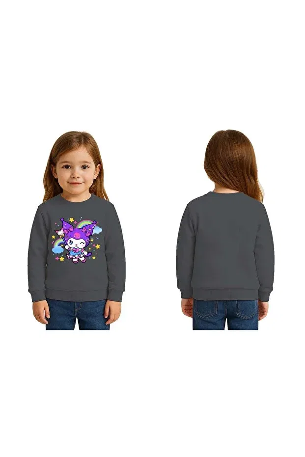Детские свитшот для девочек с принтом Unisex Kuromi Printed Children's Sweatshirt 3 Thread Raster Sedirli, Smoked